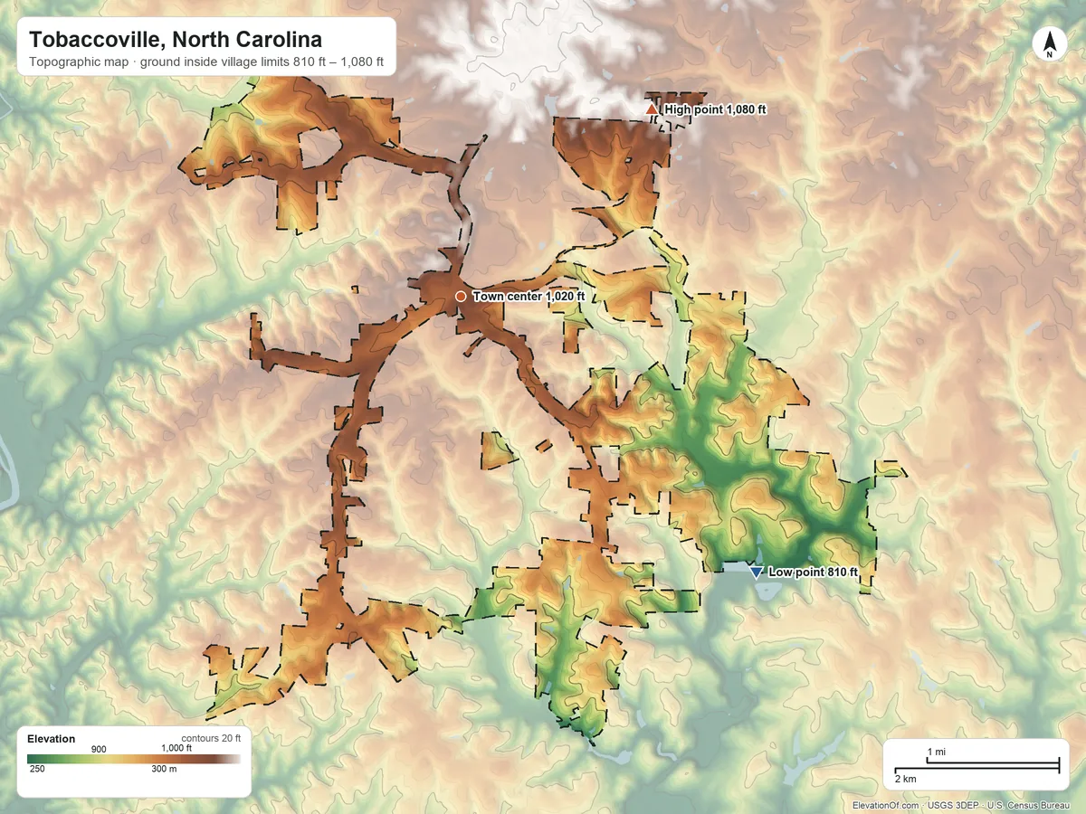 Topographic elevation map of Tobaccoville, North Carolina, shaded from 810 ft on the southeast side to 1,080 ft on the northeast side