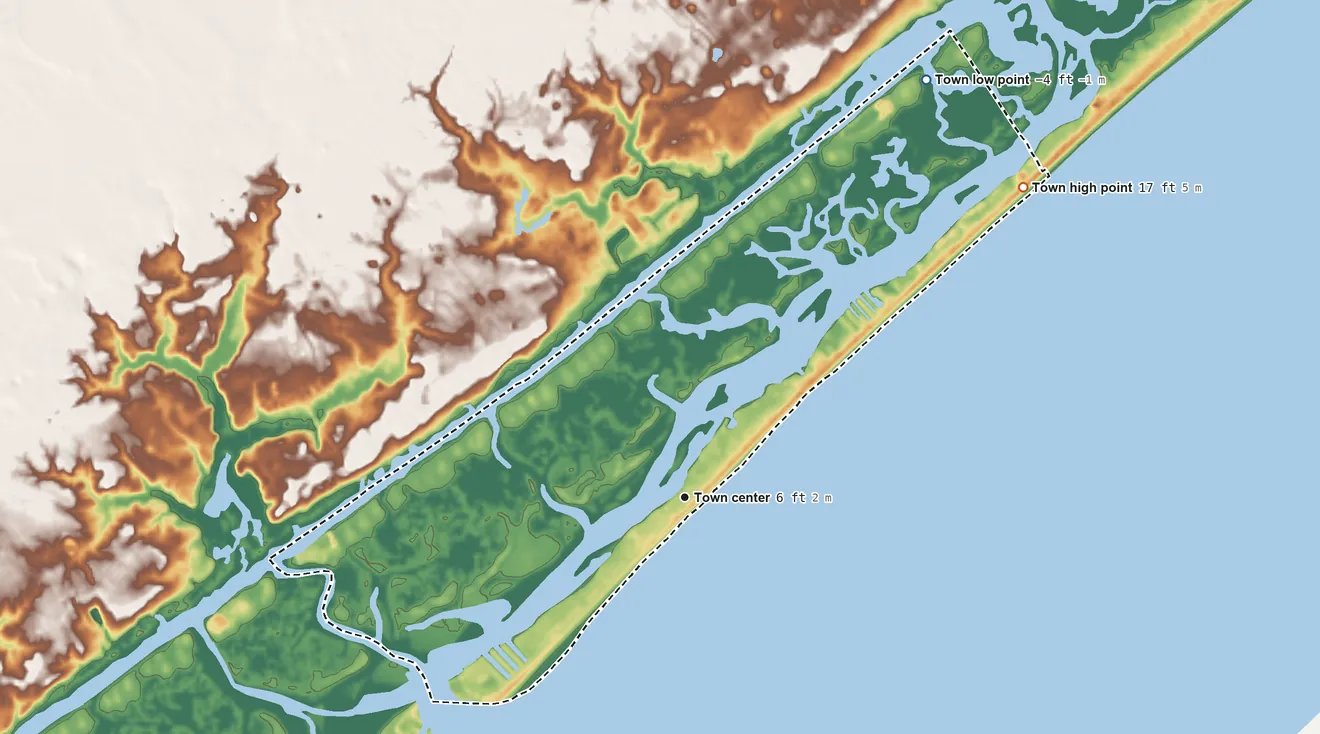 Topographic elevation map of Topsail Beach, North Carolina, shaded from −4 ft on the northeast side to 17 ft on the northeast side