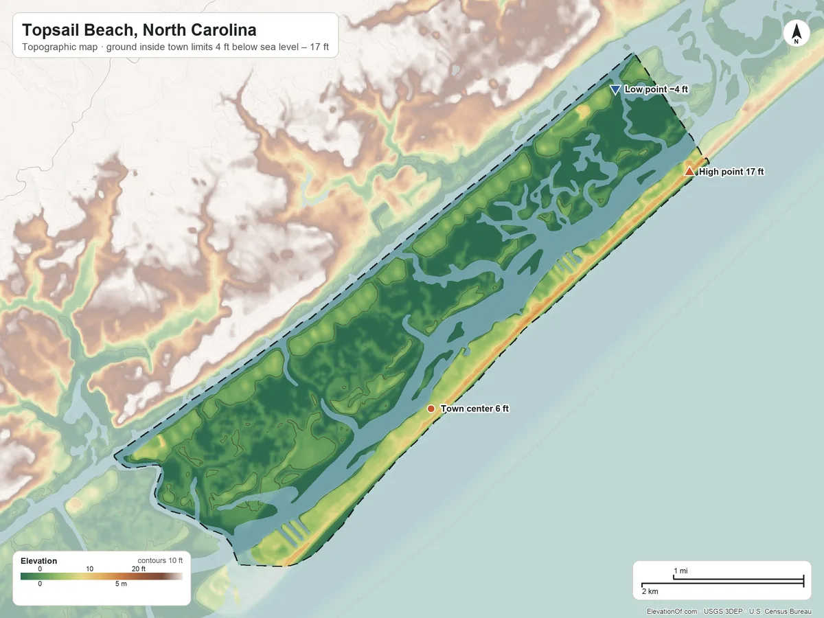 Topographic elevation map of Topsail Beach, North Carolina, shaded from −4 ft on the northeast side to 17 ft on the northeast side