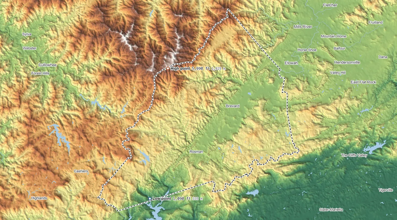 Topographic elevation map of Transylvania County, North Carolina, shaded from 1,090 ft on the southwest side to 5,990 ft on Chestnut Bald