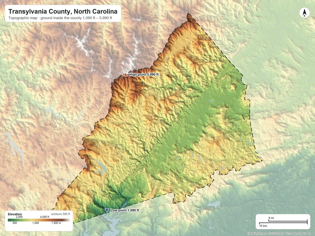 Topographic elevation map of Transylvania County, North Carolina, shaded from 1,090 ft on the southwest side to 5,990 ft on Chestnut Bald