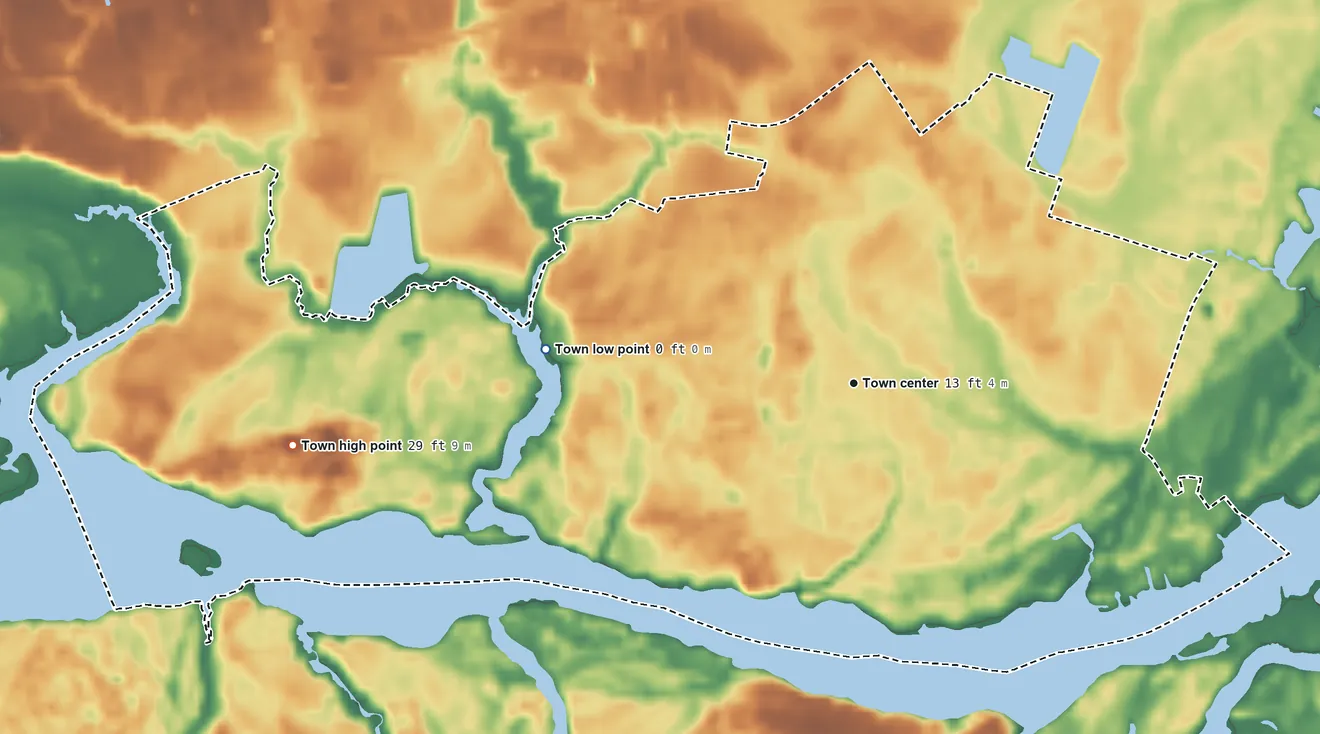 Topographic elevation map of Trent Woods, North Carolina, shaded from 0 ft on the west side to 29 ft on the west side