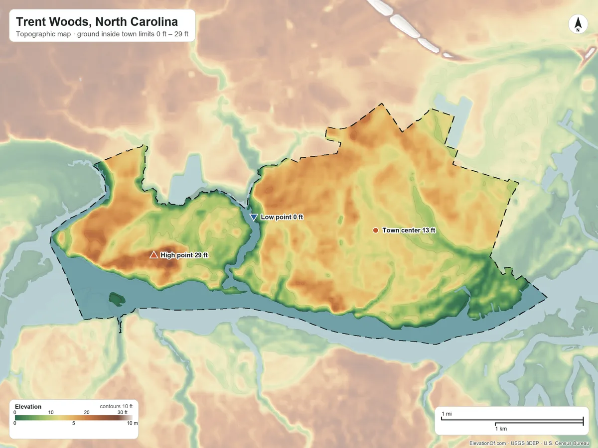 Topographic elevation map of Trent Woods, North Carolina, shaded from 0 ft on the west side to 29 ft on the west side