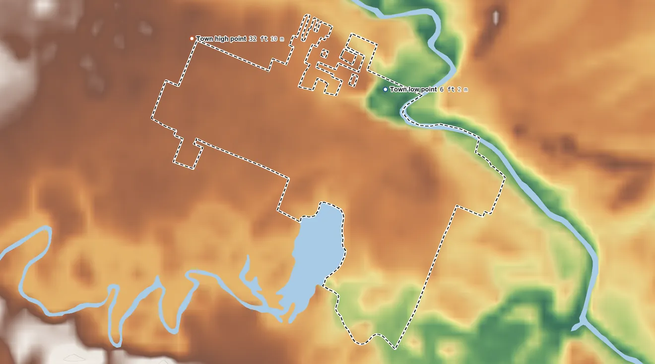 Topographic elevation map of Trenton, North Carolina, shaded from 6 ft on the northeast side to 32 ft on the northwest side