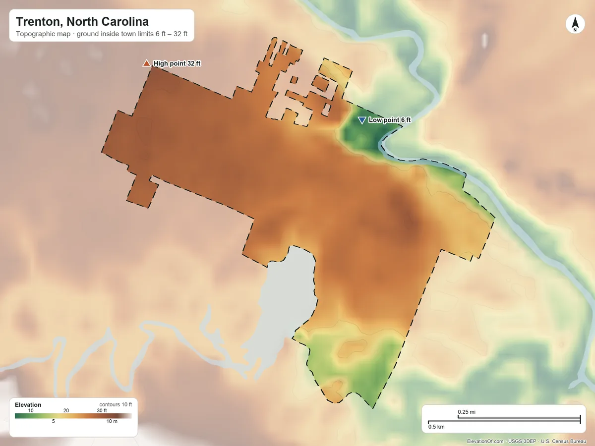 Topographic elevation map of Trenton, North Carolina, shaded from 6 ft on the northeast side to 32 ft on the northwest side