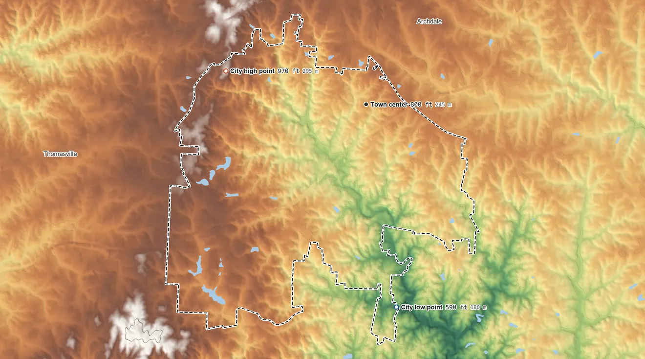 Topographic elevation map of Trinity, North Carolina, shaded from 590 ft on the south side to 970 ft on the west side