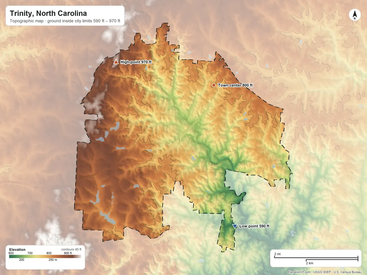 Topographic elevation map of Trinity, North Carolina, shaded from 590 ft on the south side to 970 ft on the west side