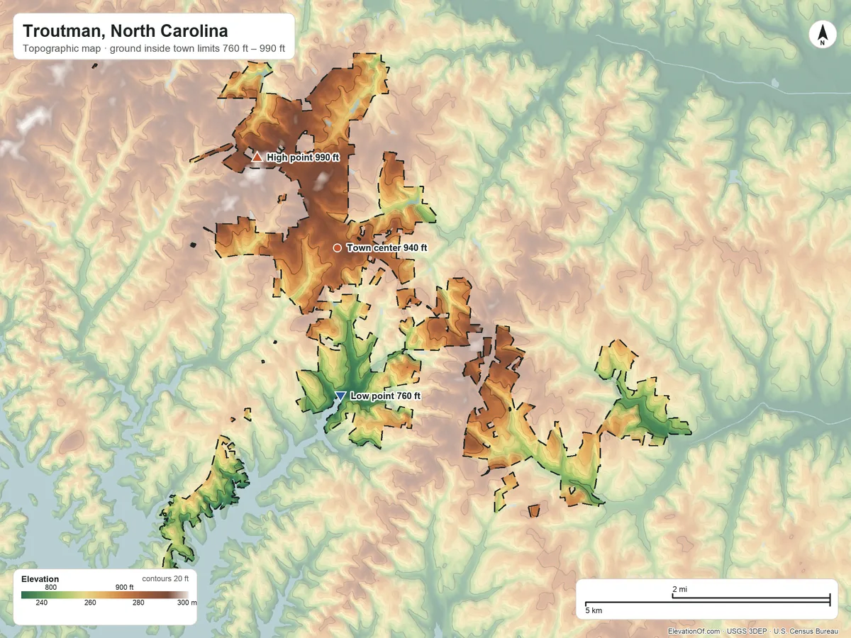 Topographic elevation map of Troutman, North Carolina, shaded from 760 ft on the south side to 990 ft on the northwest side