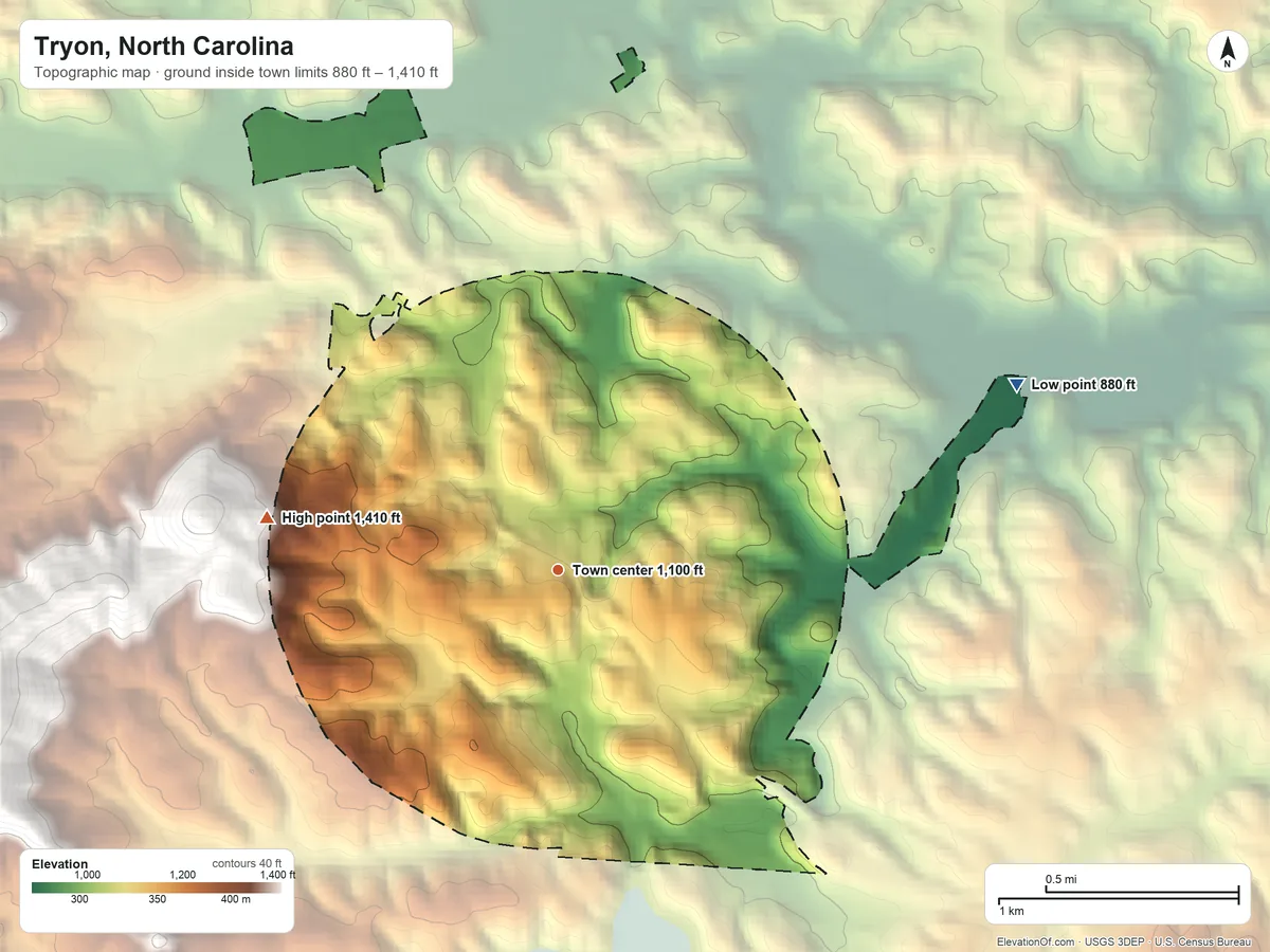Topographic elevation map of Tryon, North Carolina, shaded from 880 ft on the east side to 1,410 ft on the west edge, below higher ground just outside