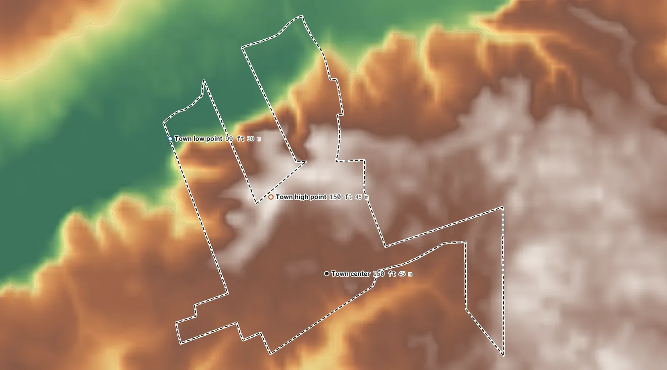 Topographic elevation map of Turkey, North Carolina, shaded from 99 ft on the northwest side to 150 ft on the northwest side