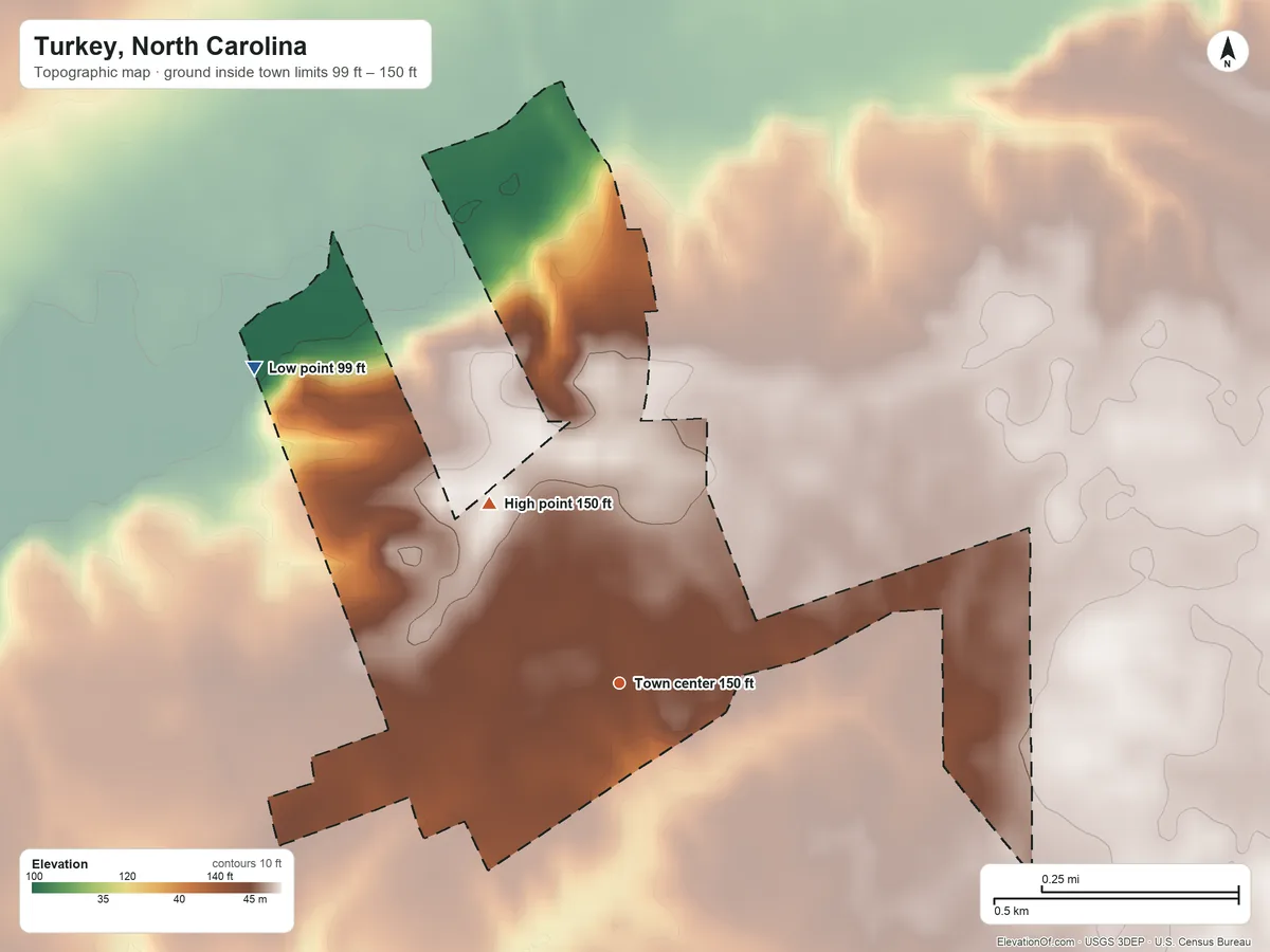 Topographic elevation map of Turkey, North Carolina, shaded from 99 ft on the northwest side to 150 ft on the northwest side