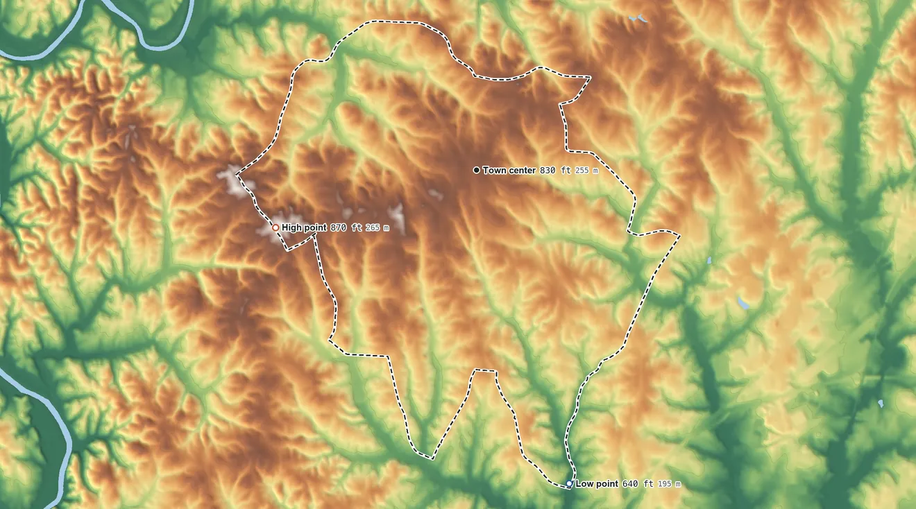 Topographic elevation map of Tyro, North Carolina, shaded from 640 ft on the south side to 870 ft on the west side