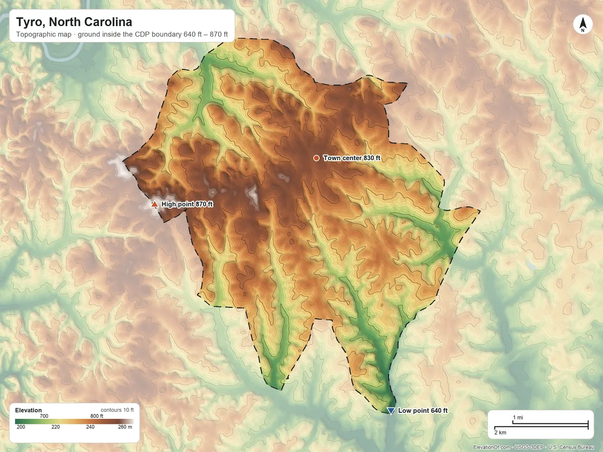 Topographic elevation map of Tyro, North Carolina, shaded from 640 ft on the south side to 870 ft on the west side