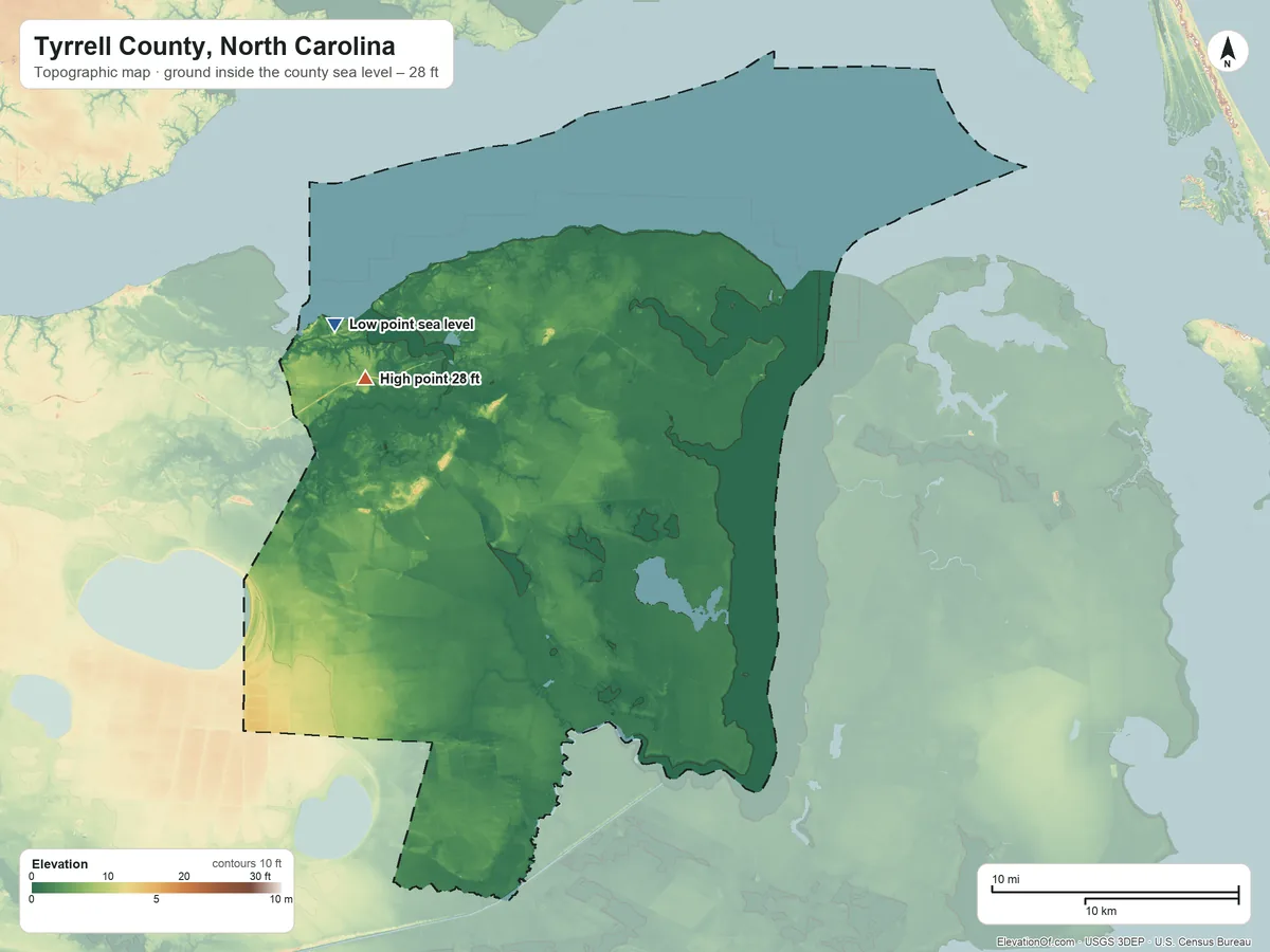 Topographic elevation map of Tyrrell County, North Carolina, shaded from sea level on Bull Bay to 28 ft on the west side