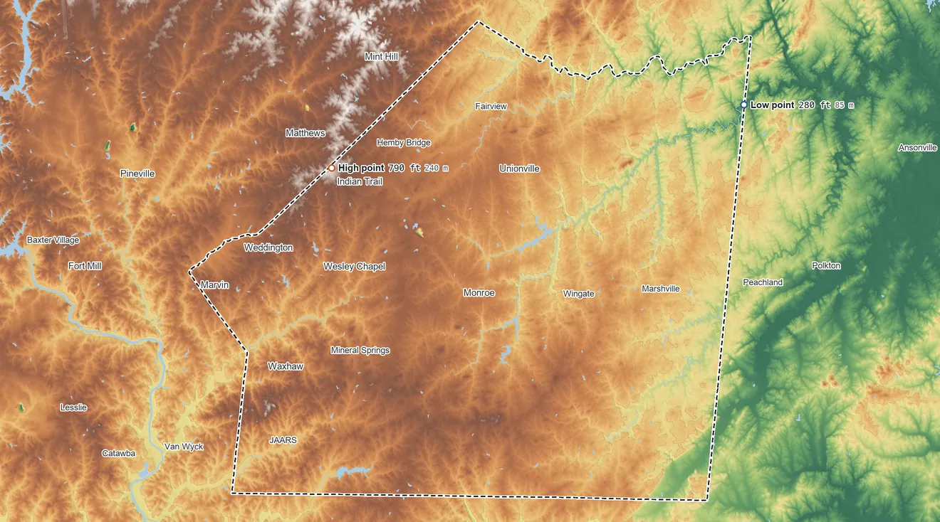 Topographic elevation map of Union County, North Carolina, shaded from 280 ft on the northeast side to 790 ft on the northwest side