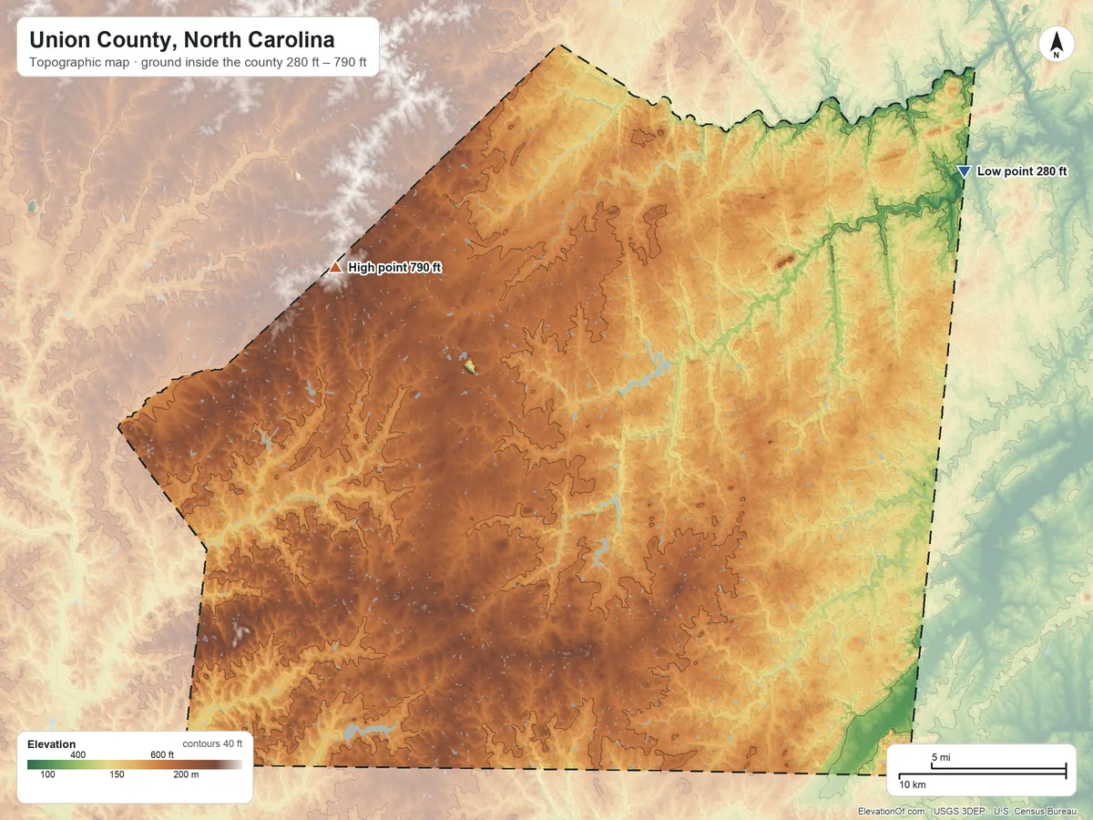 Topographic elevation map of Union County, North Carolina, shaded from 280 ft on the northeast side to 790 ft on the northwest side