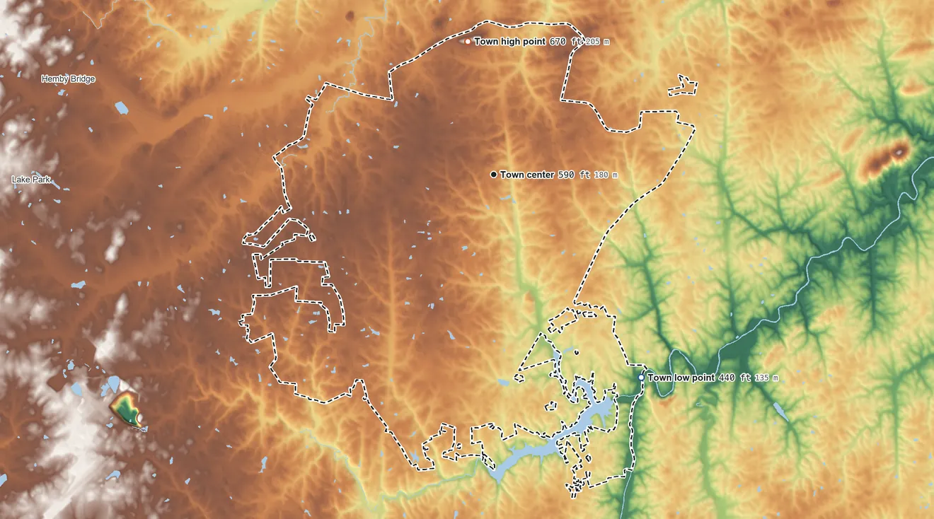 Topographic elevation map of Unionville, North Carolina, shaded from 440 ft on the southeast side to 670 ft on the north side