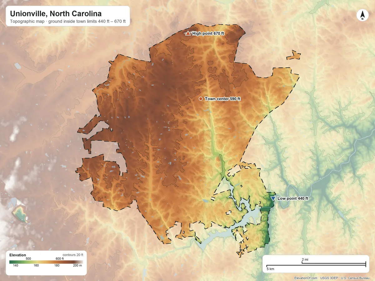 Topographic elevation map of Unionville, North Carolina, shaded from 440 ft on the southeast side to 670 ft on the north side