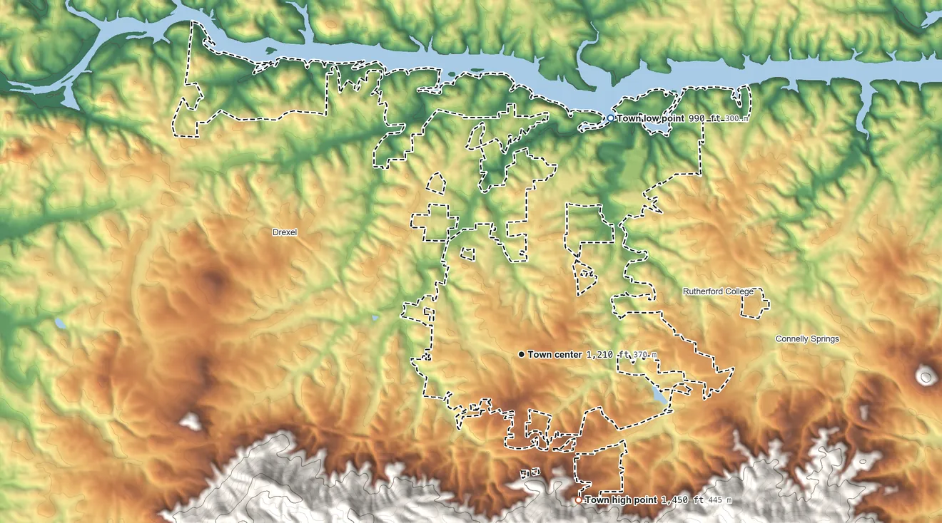 Topographic elevation map of Valdese, North Carolina, shaded from 990 ft on the north side to 1,450 ft at the foot of the Montague Hills