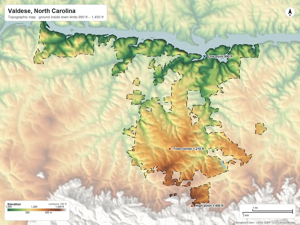 Topographic elevation map of Valdese, North Carolina, shaded from 990 ft on the north side to 1,450 ft at the foot of the Montague Hills