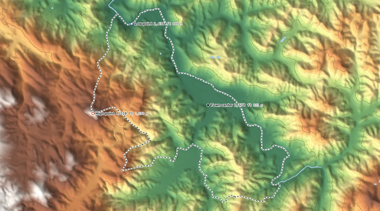Topographic elevation map of Valle Crucis, North Carolina, shaded from 2,630 ft on the northwest side to 4,210 ft on Rocky Face