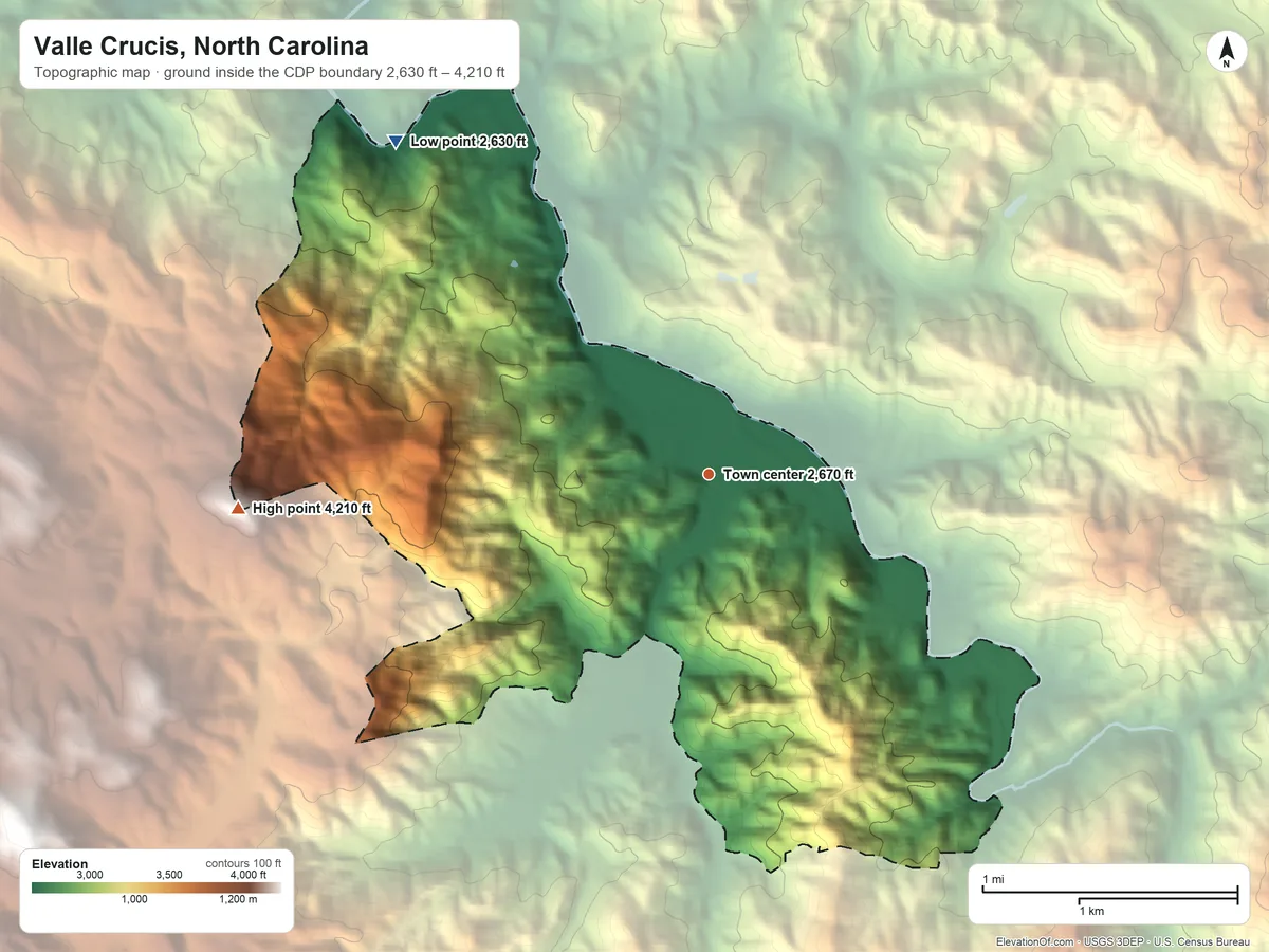 Topographic elevation map of Valle Crucis, North Carolina, shaded from 2,630 ft on the northwest side to 4,210 ft on Rocky Face