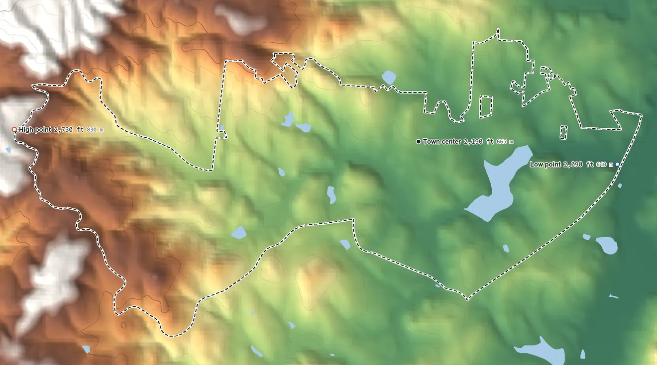 Topographic elevation map of Valley Hill, North Carolina, shaded from 2,090 ft on the east side to 2,730 ft on the west edge, below higher ground just outside