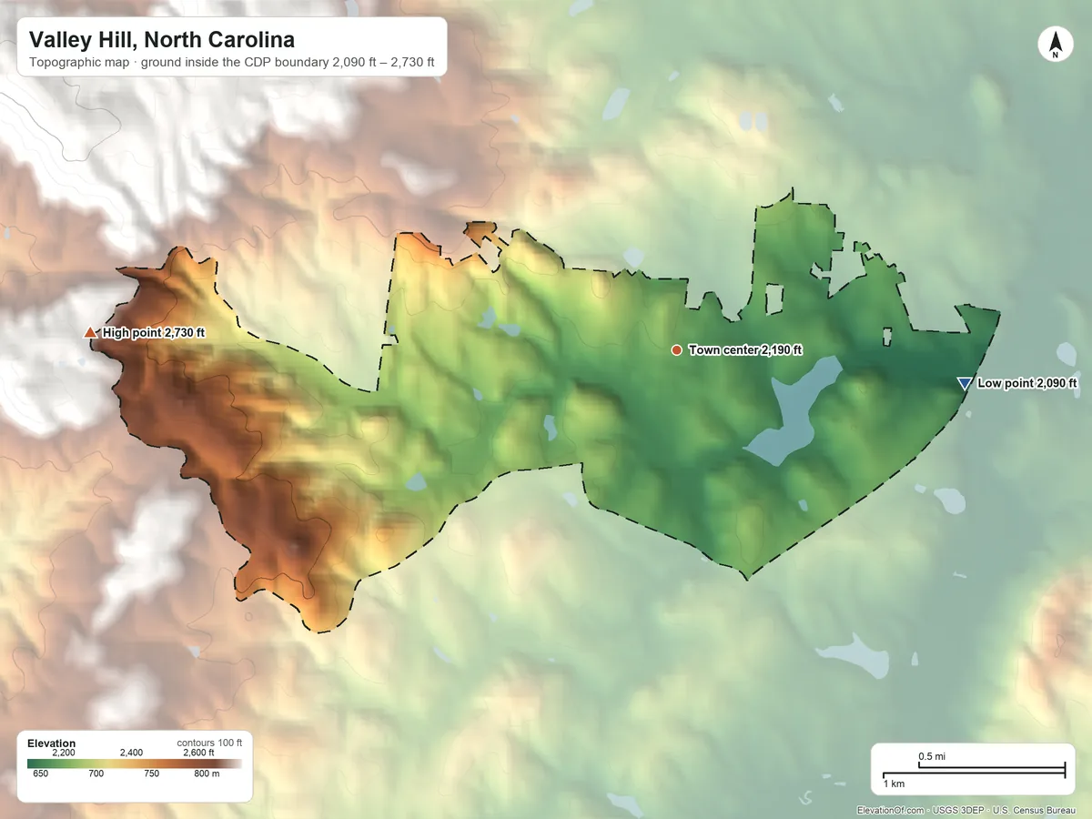 Topographic elevation map of Valley Hill, North Carolina, shaded from 2,090 ft on the east side to 2,730 ft on the west edge, below higher ground just outside