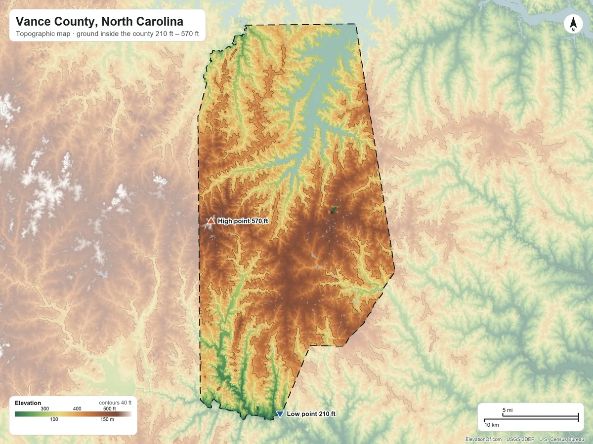 Topographic elevation map of Vance County, North Carolina, shaded from 210 ft on the south side to 570 ft on the west side