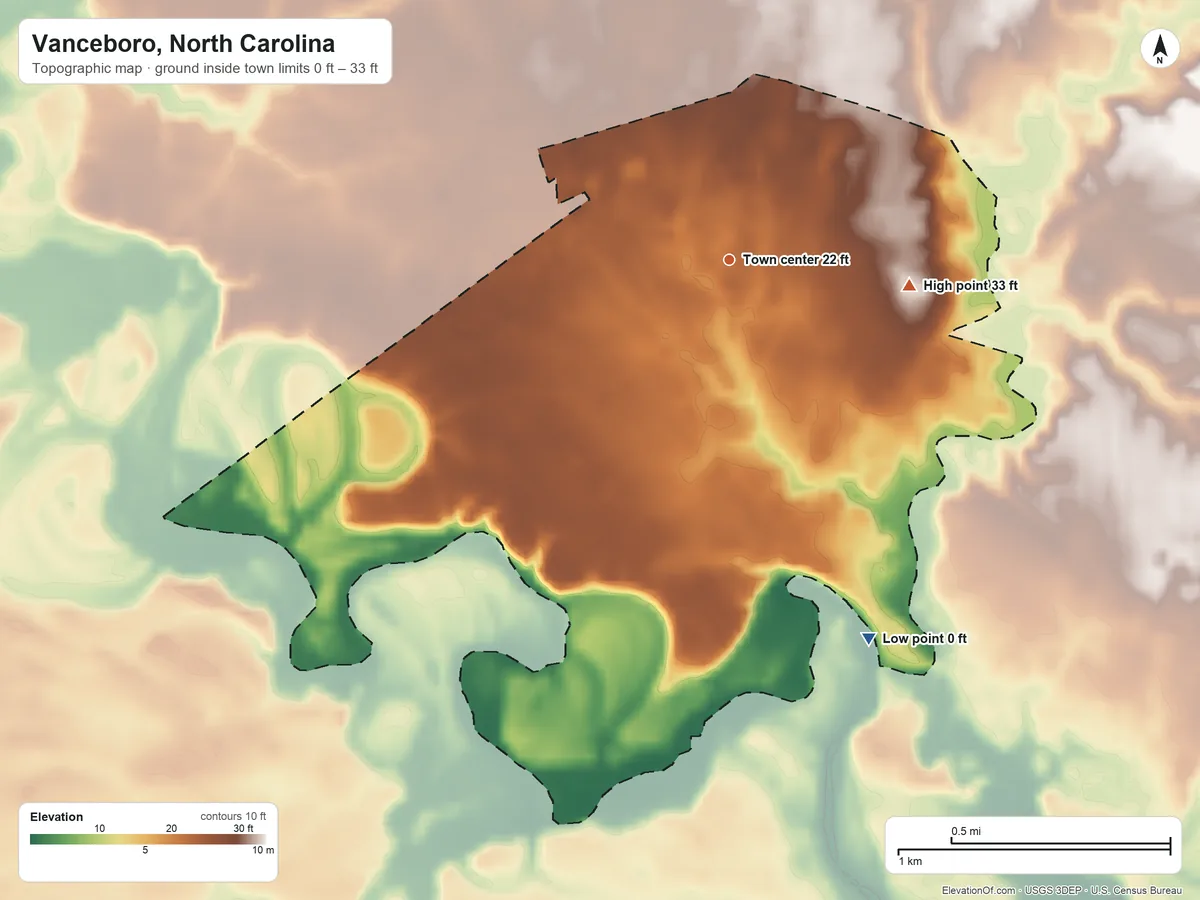 Topographic elevation map of Vanceboro, North Carolina, shaded from 0 ft on the south side to 33 ft on the east side