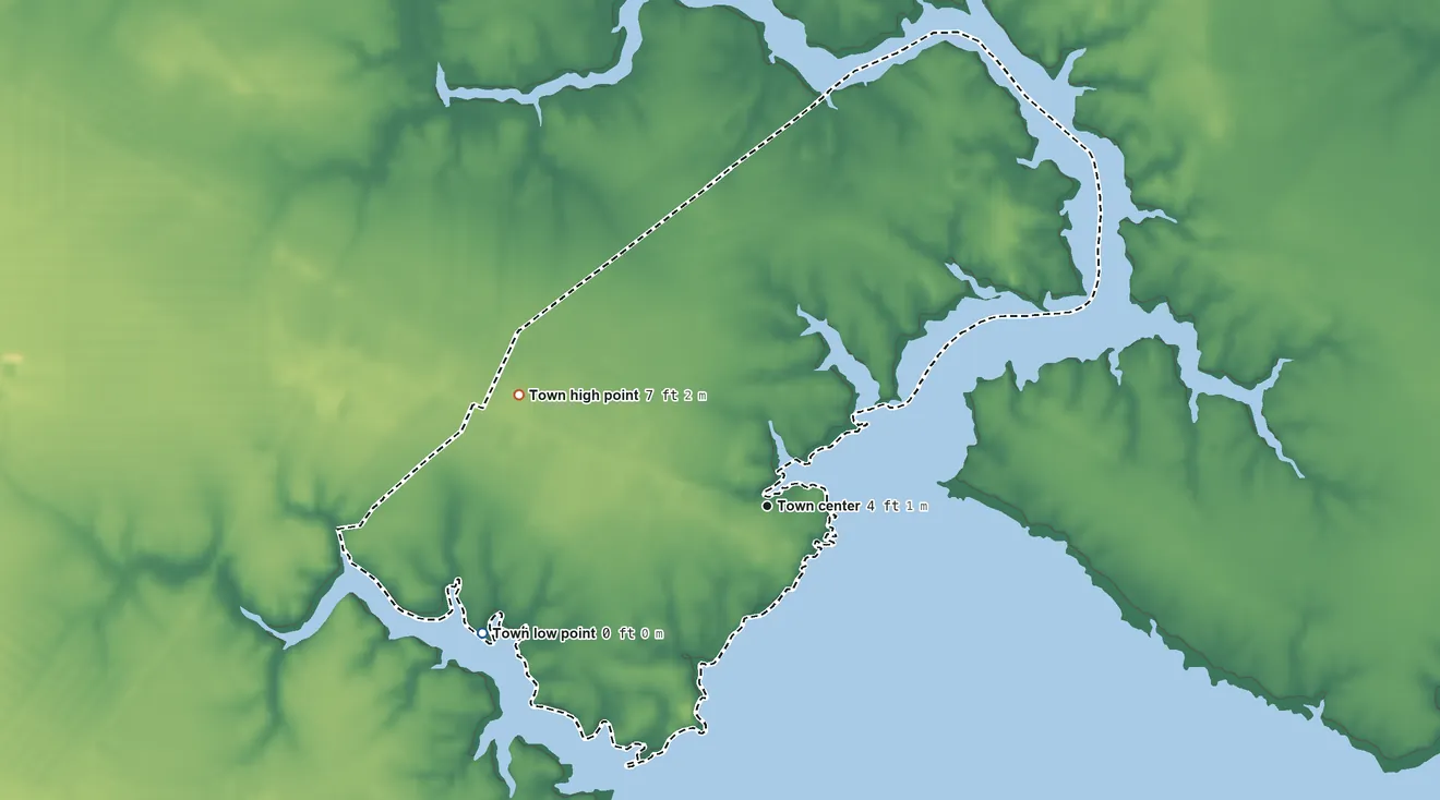 Topographic elevation map of Vandemere, North Carolina, shaded from 0 ft on the southwest side to 7 ft on the northwest side