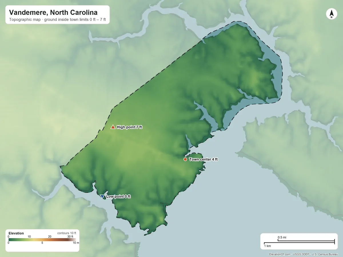 Topographic elevation map of Vandemere, North Carolina, shaded from 0 ft on the southwest side to 7 ft on the northwest side
