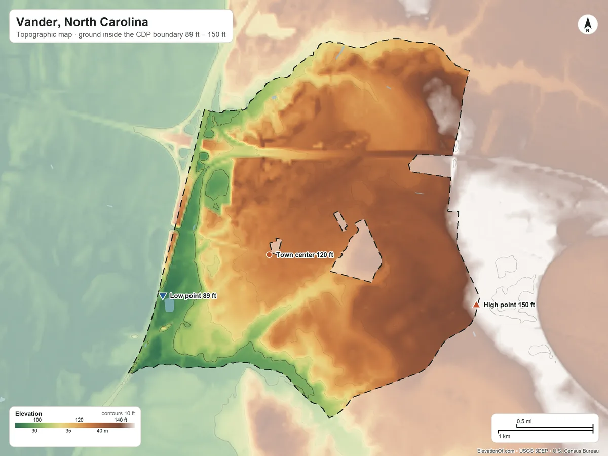 Topographic elevation map of Vander, North Carolina, shaded from 89 ft on the west side to 150 ft on the east side