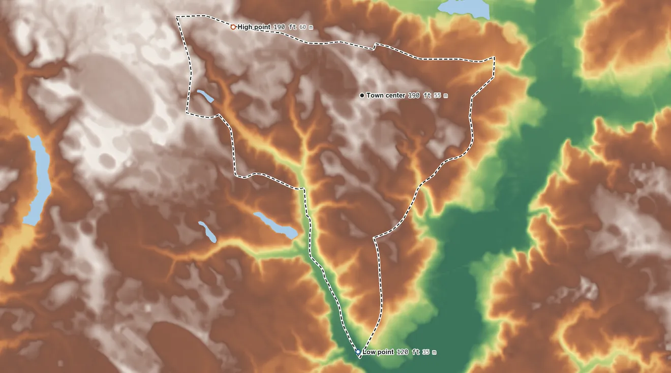 Topographic elevation map of Vann Crossroads, North Carolina, shaded from 120 ft on the south side to 190 ft on the northwest side