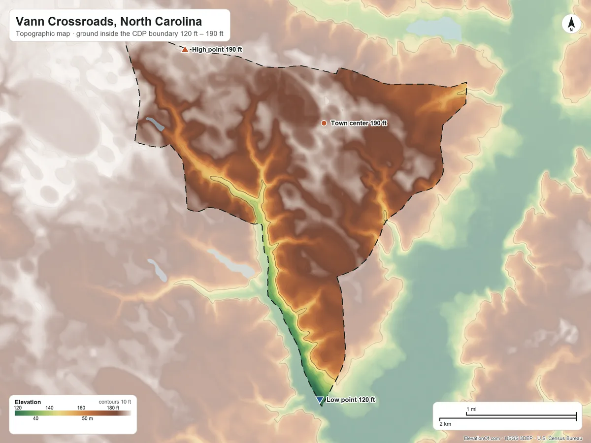 Topographic elevation map of Vann Crossroads, North Carolina, shaded from 120 ft on the south side to 190 ft on the northwest side
