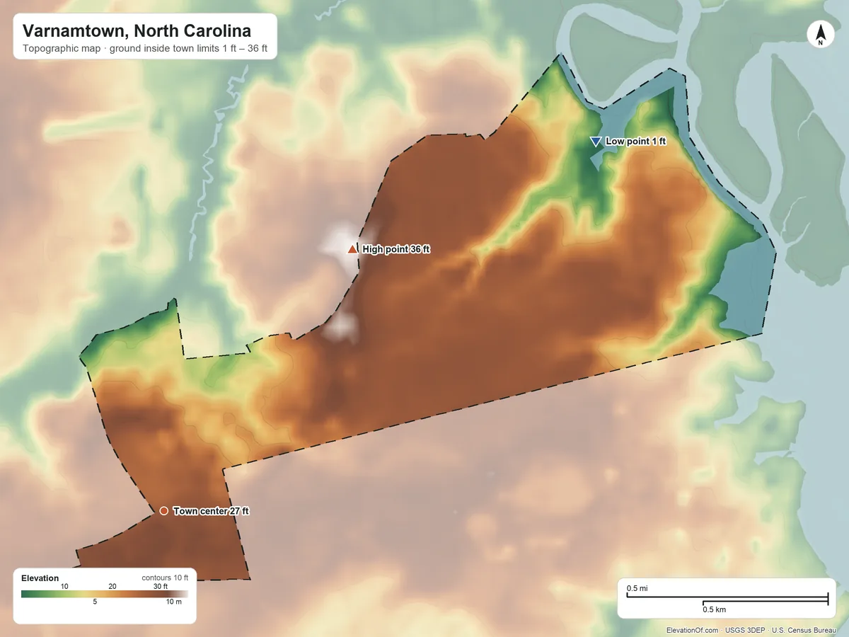 Topographic elevation map of Varnamtown, North Carolina, shaded from 1 ft on the northeast side to 36 ft on the northeast side