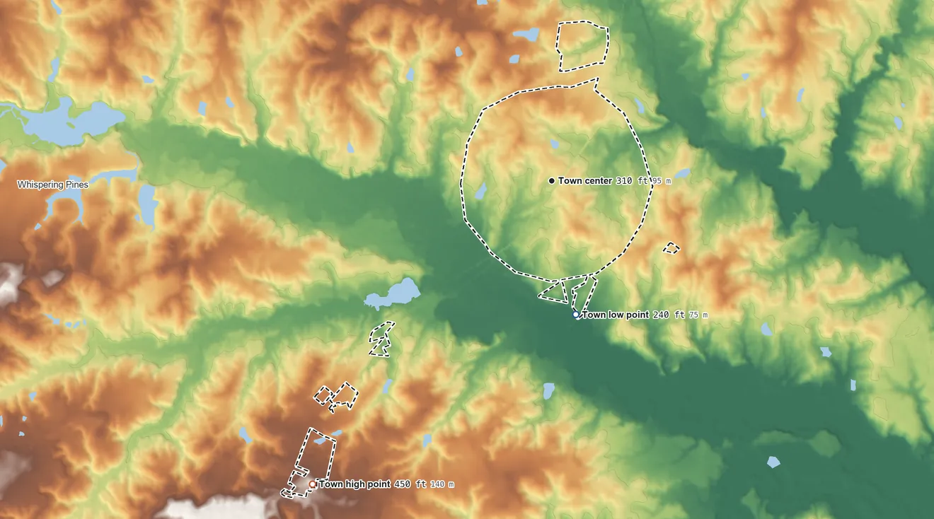 Topographic elevation map of Vass, North Carolina, shaded from 240 ft on the south side to 450 ft on the southwest side