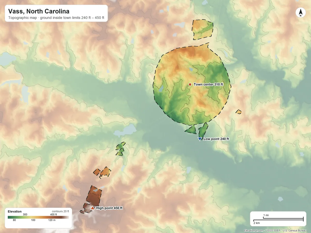 Topographic elevation map of Vass, North Carolina, shaded from 240 ft on the south side to 450 ft on the southwest side