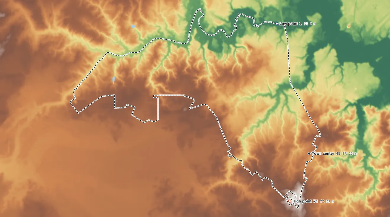 Topographic elevation map of Verona, North Carolina, shaded from 1 ft on the north side to 74 ft on the south side