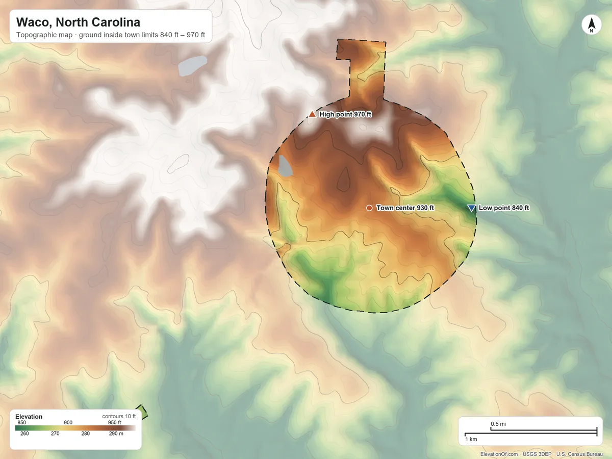 Topographic elevation map of Waco, North Carolina, shaded from 840 ft on the east side to 970 ft on the northwest side