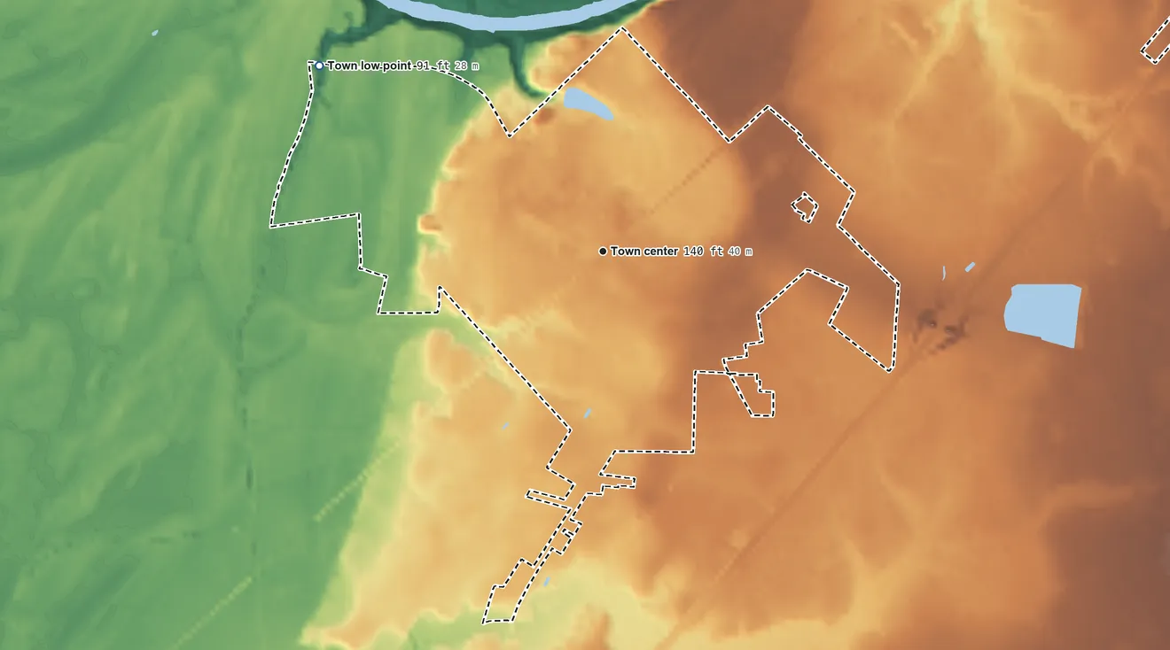 Topographic elevation map of Wade, North Carolina, shaded from 91 ft on the northwest side to 170 ft on the northeast side