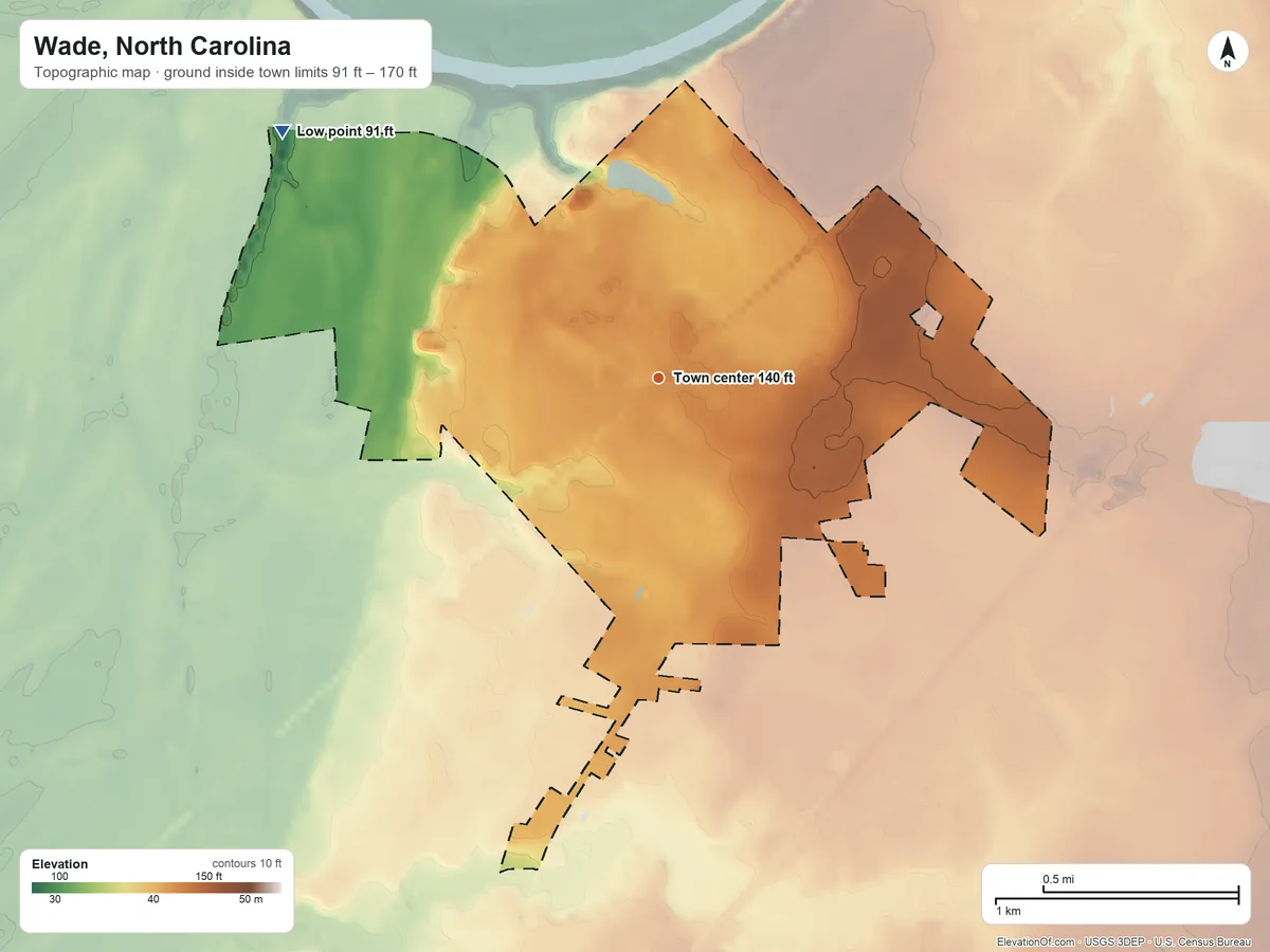 Topographic elevation map of Wade, North Carolina, shaded from 91 ft on the northwest side to 170 ft on the northeast side