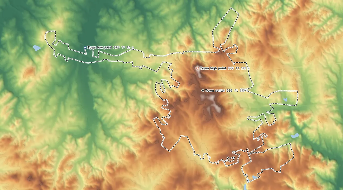 Topographic elevation map of Wadesboro, North Carolina, shaded from 270 ft on the west side to 570 ft near the middle