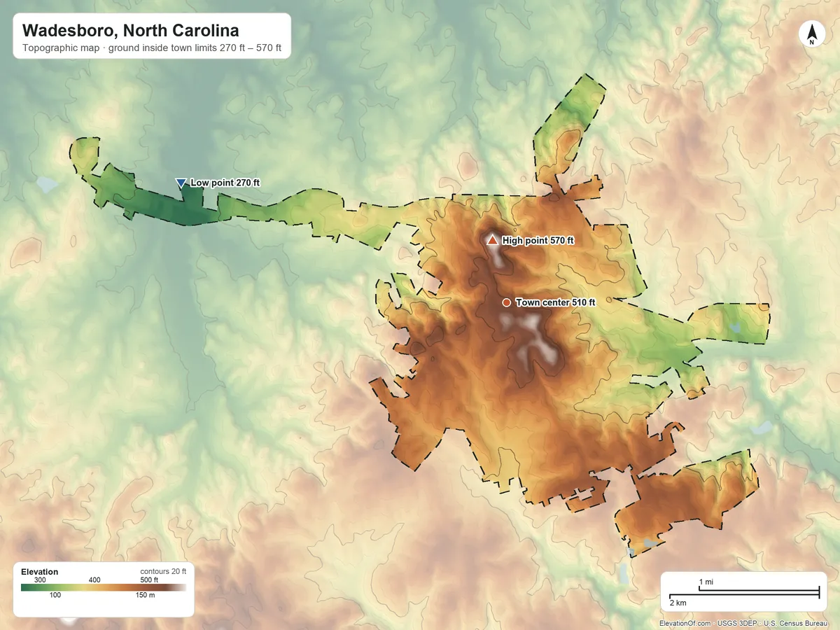 Topographic elevation map of Wadesboro, North Carolina, shaded from 270 ft on the west side to 570 ft near the middle