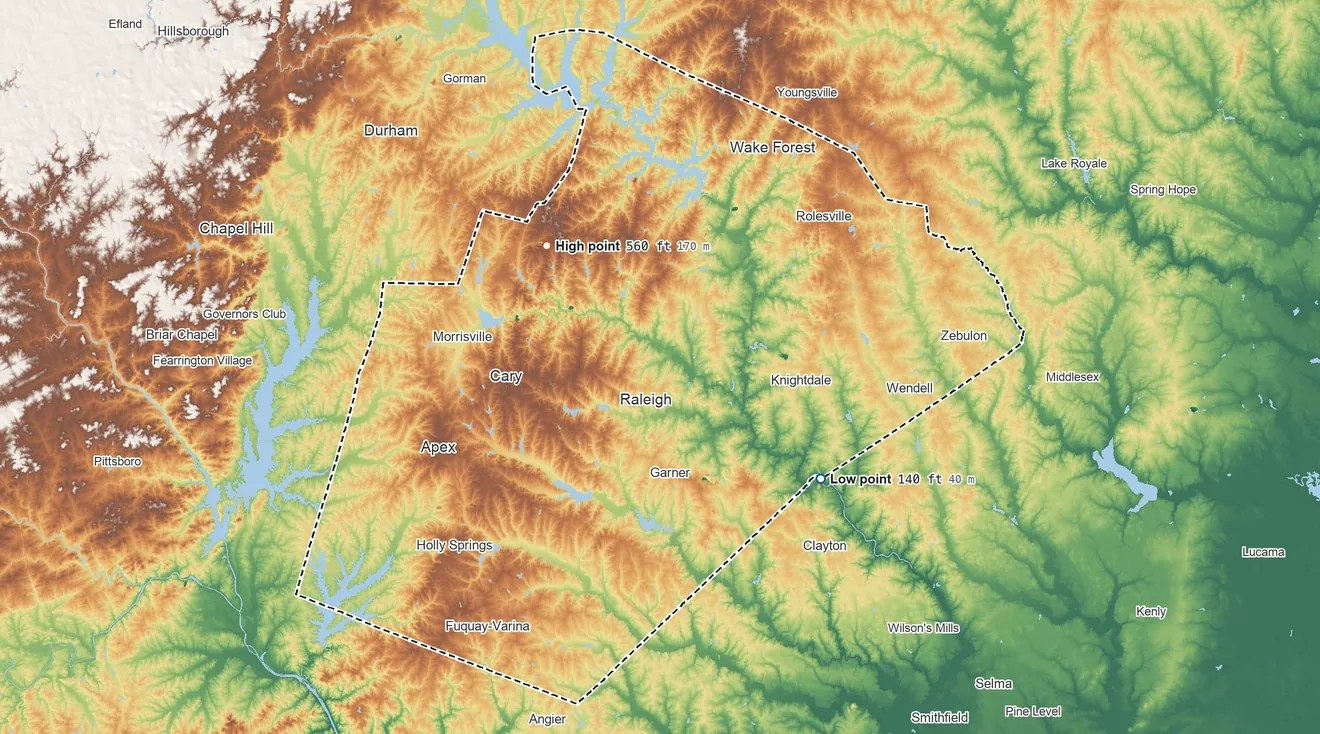 Topographic elevation map of Wake County, North Carolina, shaded from 140 ft on the southeast side to 560 ft on the northwest side