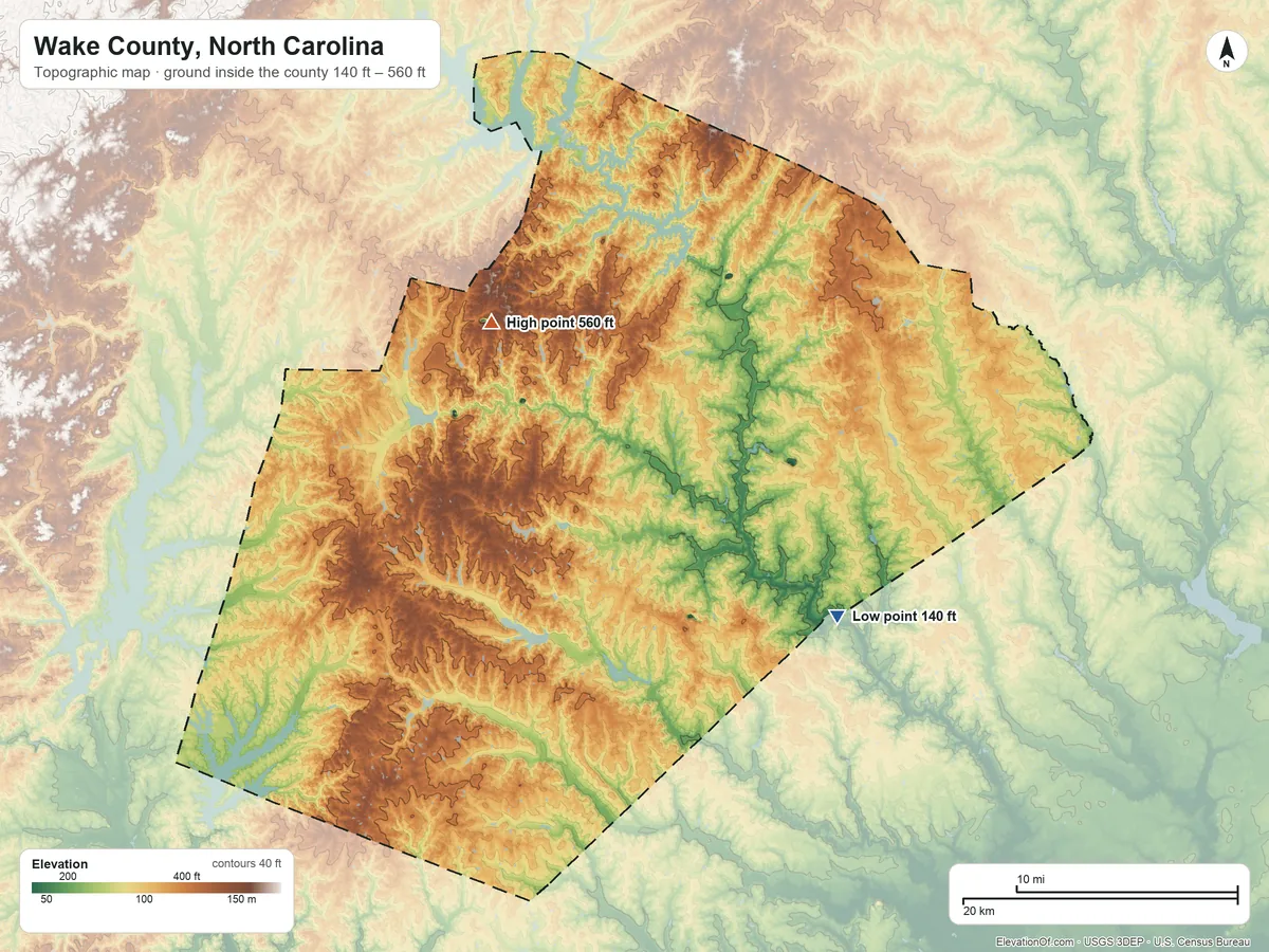 Topographic elevation map of Wake County, North Carolina, shaded from 140 ft on the southeast side to 560 ft on the northwest side