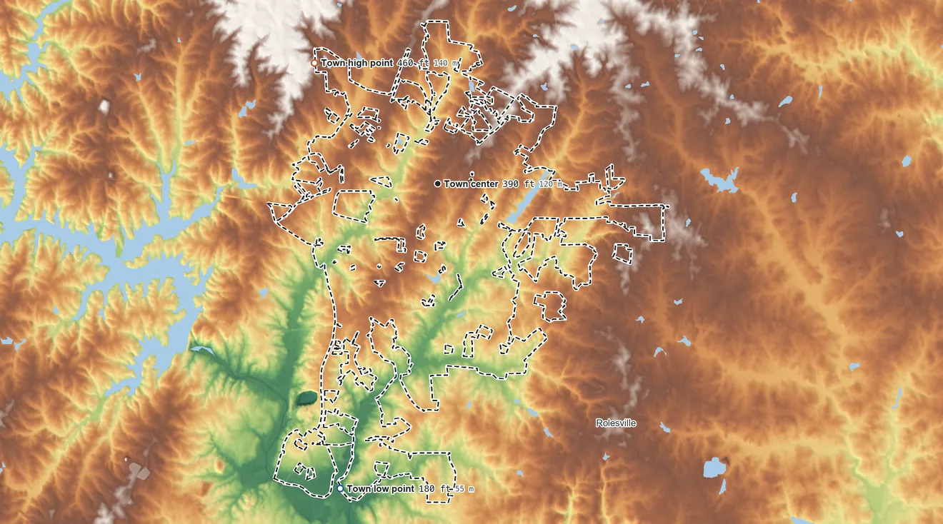 Topographic elevation map of Wake Forest, North Carolina, shaded from 180 ft on the south side to 460 ft on the northwest side