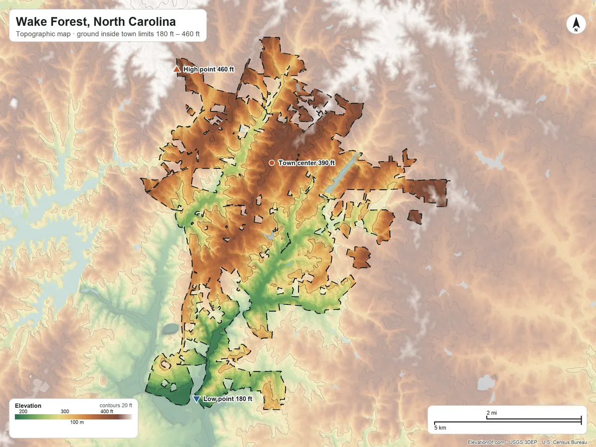 Topographic elevation map of Wake Forest, North Carolina, shaded from 180 ft on the south side to 460 ft on the northwest side
