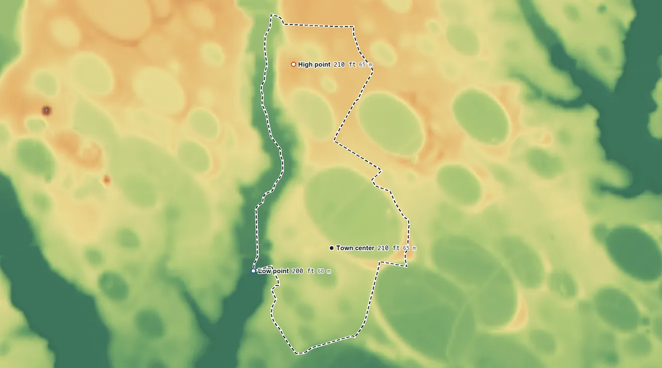 Topographic elevation map of Wakulla, North Carolina, shaded from 200 ft on the west side to 210 ft on the north side