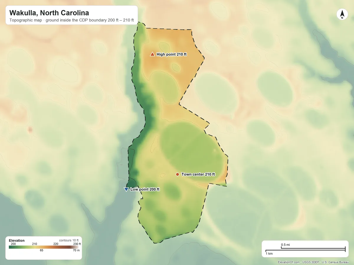 Topographic elevation map of Wakulla, North Carolina, shaded from 200 ft on the west side to 210 ft on the north side
